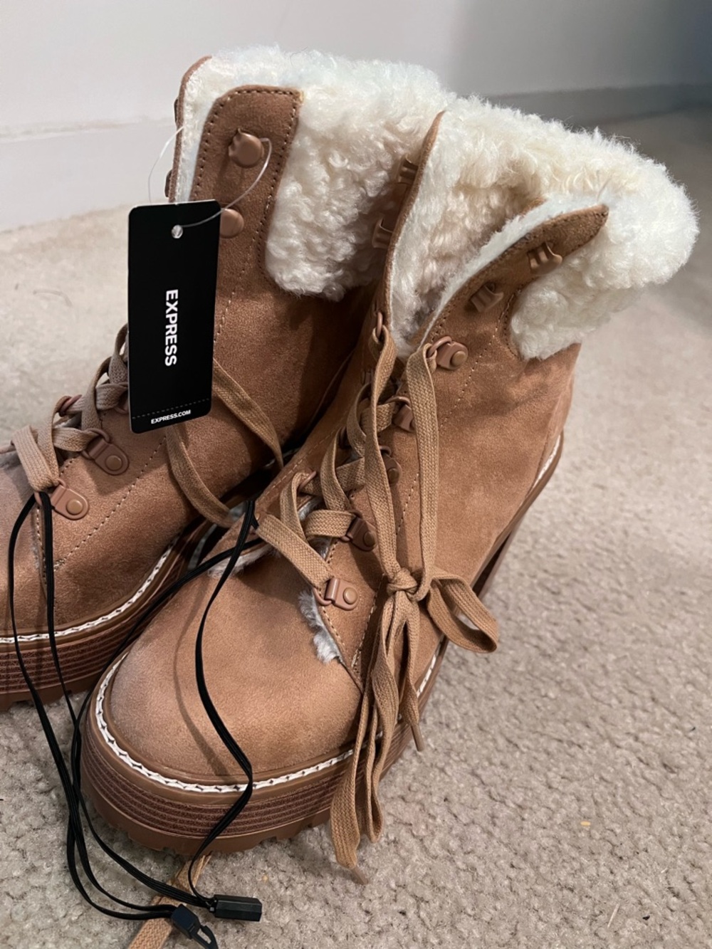 Express Tan Suede Lace-Up Sherpa Boots